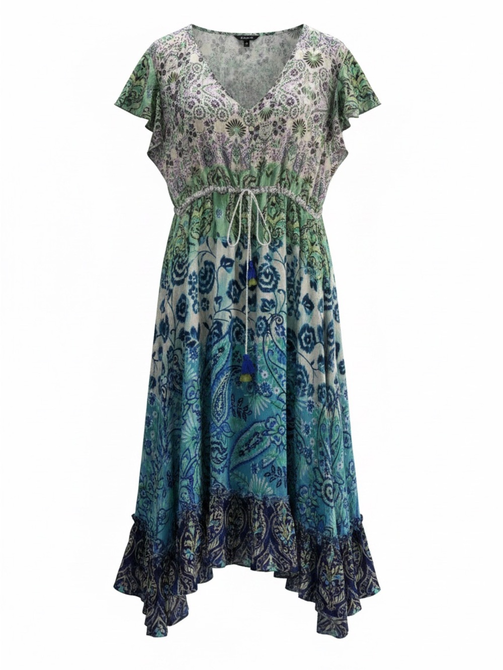 Boho Paisley Floral Midi Dress V-Neck Flutter Sleeve Tie Waist Flowy XL